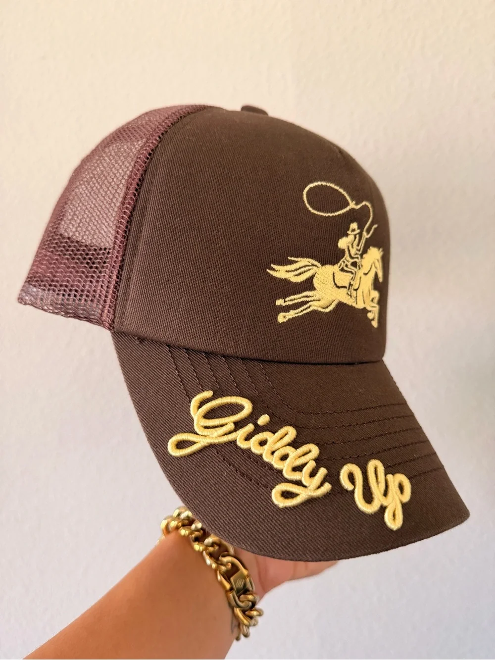 Giddy Up Brown Trucker Cap with Yellow Embroidery